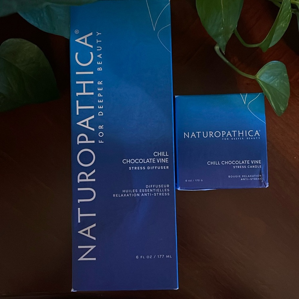 Naturopathica chill chocolate vine stress diffuser, and candle